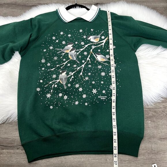 Vintage Morning Sun Womens Medium Green Winter Snow Birds Collard Sweatshirt - Picture 7 of 12